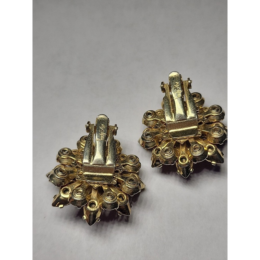 Vintage Judy Lee Fuchsia Rhinestone Cluster Flower Clip-On Earrings Gold Tone - Picture 7 of 8